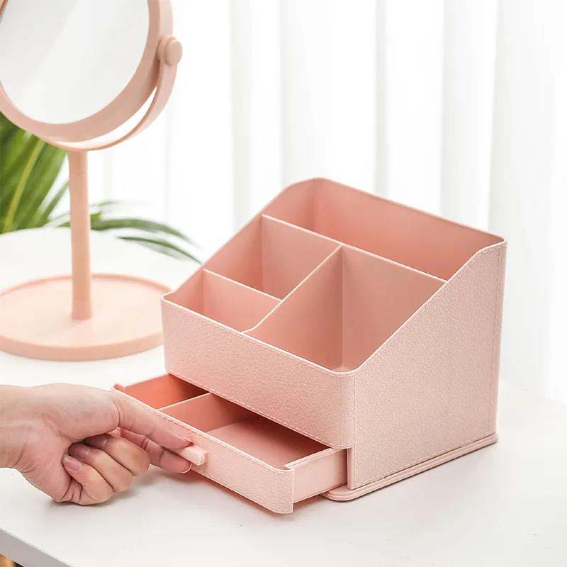 Multifunctional Desk Top Pen Holder with Imitation Leather Texture Creative Storage Appliance with Drawer