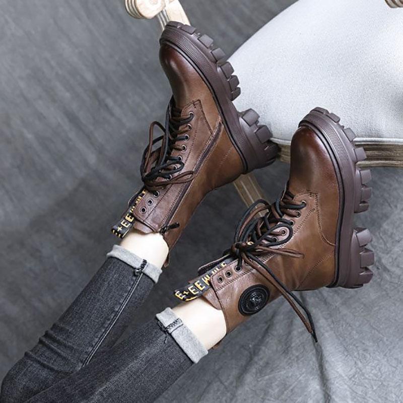 Leather Martin Boots Sponge Cake Thick-soled Round Toe Retro Mid-tube Boots Female British Style Boots Winter Snow Boots Plus Velvet Shoes