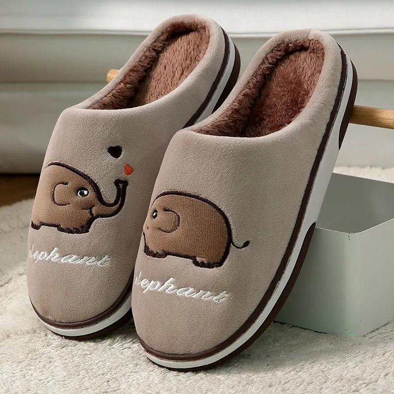 Women Winter Slippers Cute Elephant Embroidery Plus Size Cotton Shoes Men Home Indoor Casual Slippers Blue Pink Slippers Thick Fleece Warm Non Slip