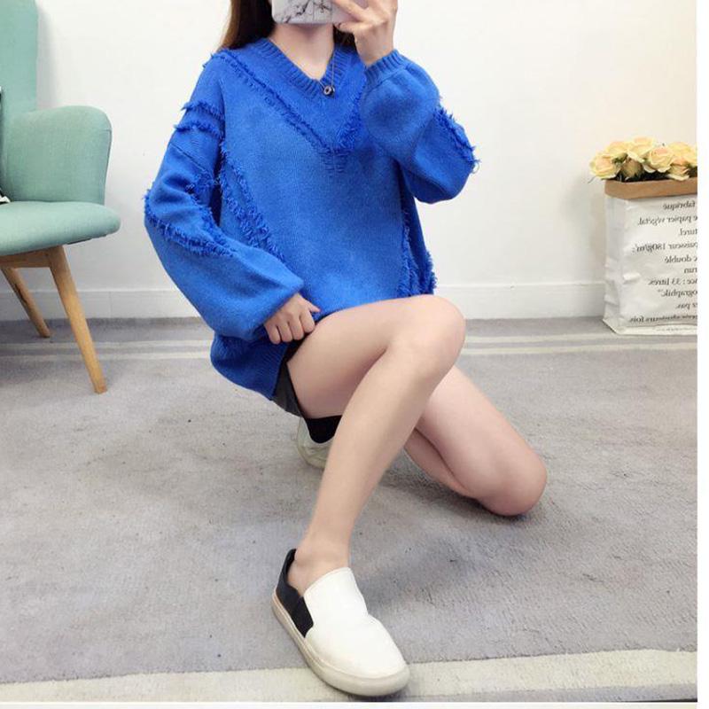V-neck Bottoming Tattered Sweater Women Fall/winter Loose Knit Sweater Casual Fashion Top