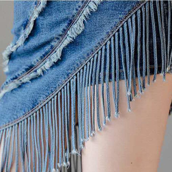 Pofulove Women High Waist Slim Fringed Denim Skirt Anti-light Bag Hip Skirt Casual A-line Skirts