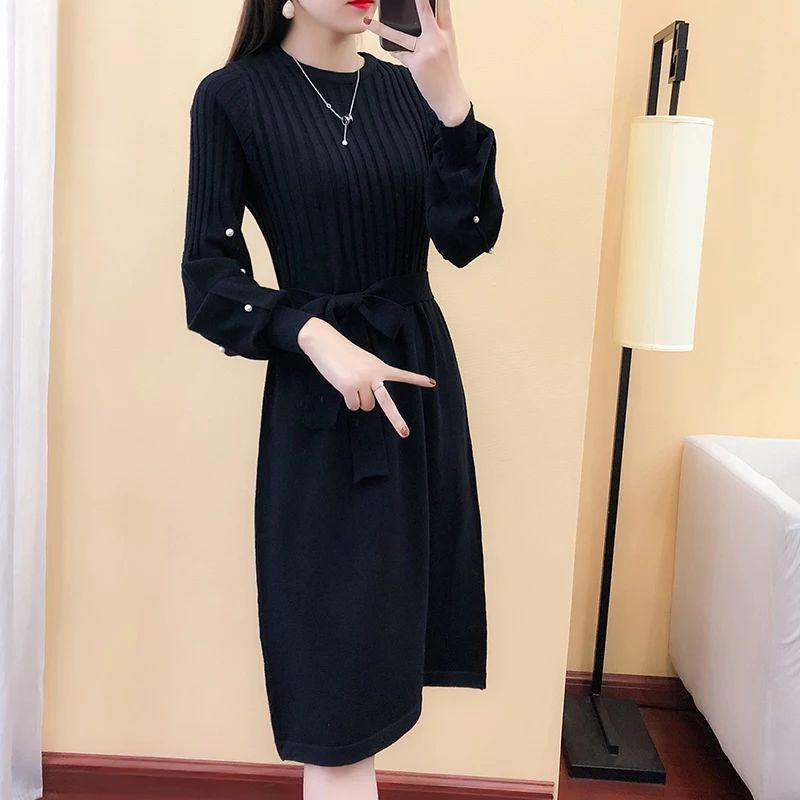 Autumn and Winter Long Solid Color Sweater Knitted Lantern Sleeve Dress Fashion Simple Women Sweater Dress