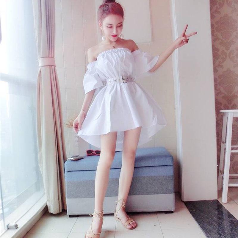 Sexy White Off Shoulder Belt Sexy Slash Neck Dress Elegant Club  Party Dress Women Short Dress