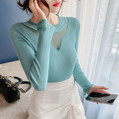 Sweater Women Autumn Winter Bottoming Shirt Women's Mesh Stitching Loose Long-sleeved Round Neck Korean Knit Sweater with Top