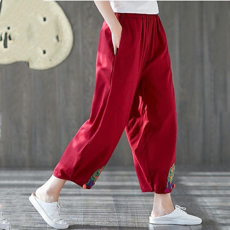 WTEMPO L-XXXXL Cotton Linen Pants Women Ethnic style Loose Elastic Waist Solid Color Casual Trousers