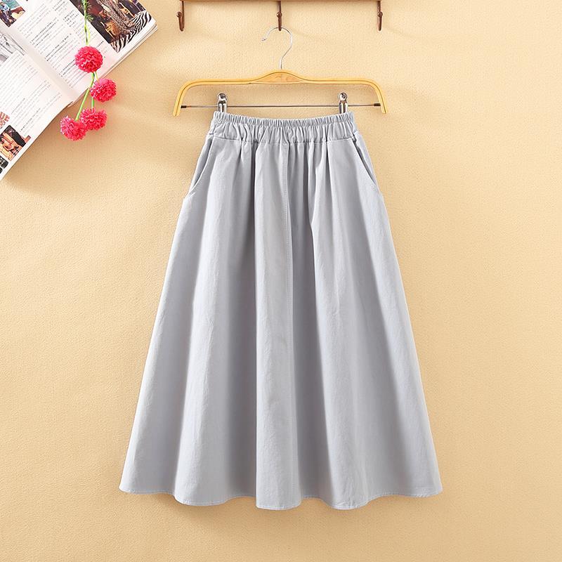 Women Maxi White Cotton Skirt Girl Casual Midi Elastic High Waist Plus Size Flare A Line Pure Color Pocket Summer Skirts Female