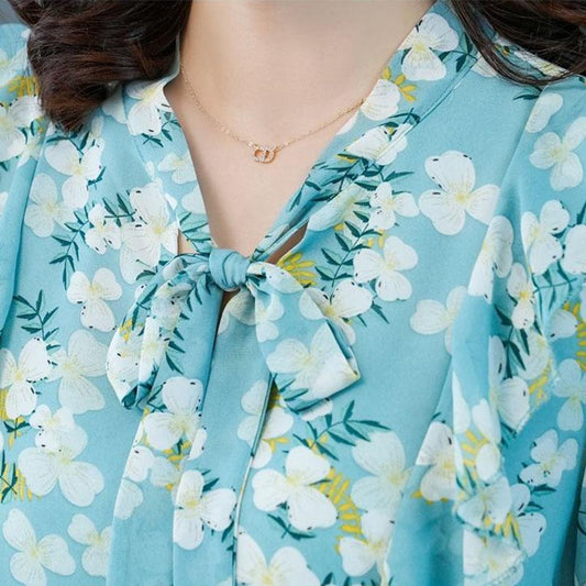 Women's  Floral Blouse Lace-up Summer V-neck All-match Short-sleeved Chiffon Shirt