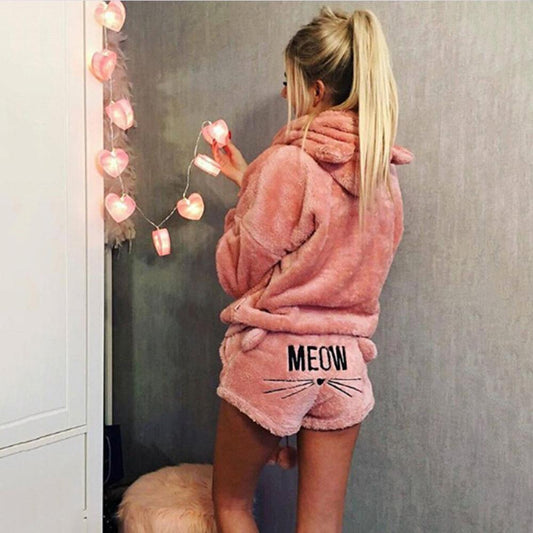 Women Fashion Warm Cute Cat Two Piece Hoodie Sleepwear Winter Pajamas Set Plus Size