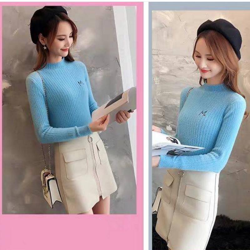 Pofulove waterproof mink half turtleneck sweater women long-sleeved winter fit bottoming shirt women