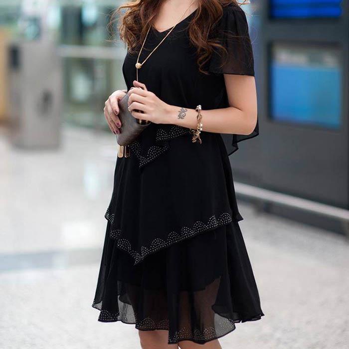Pofulove L-5XL Women Plus Size Chiffon Dress Loose Mid-length V-neck A-line Beach Skirt Sun dresses