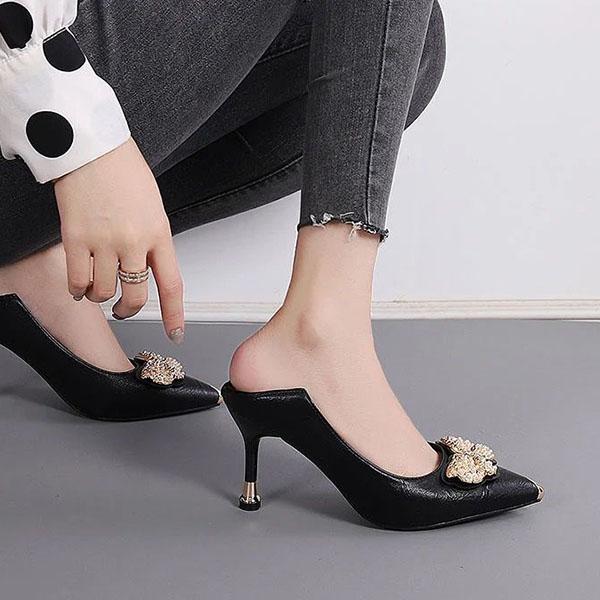 Women's Spring and Summer Soft Leather High Heels Genuine Leather Stiletto Shoes Rhinestone Butterfly Shoes for Office Ladies
