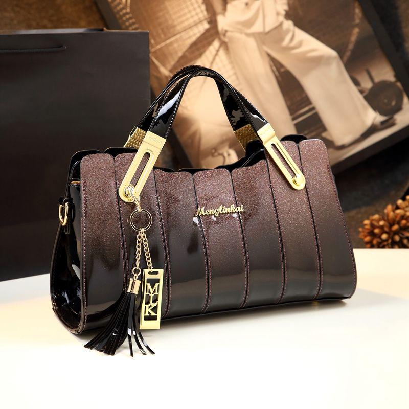 Bright Leather Ladies Bag Shoulder Slung Handbag Simple Splicing Patent Leather Handbag