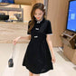 Pofulove Women Chinese O-neck Bow Dress Slim Short Sleeve Short Dress Stand Collar Black Dress