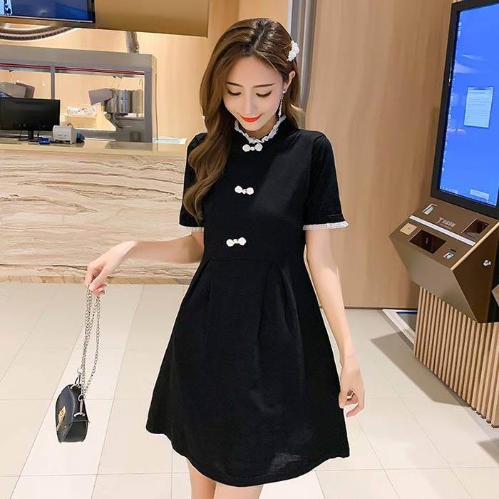 Pofulove Women Chinese O-neck Bow Dress Slim Short Sleeve Short Dress Stand Collar Black Dress
