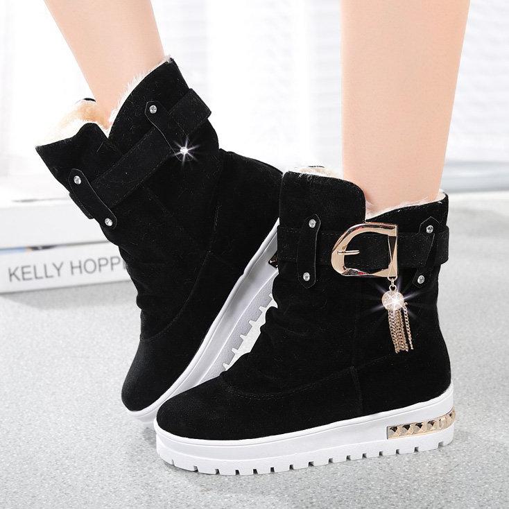 Outdoor Women's Winter Flat Bottom Frosted Warm and Antiskid Snow Boots Middle Boot Belt Buckle Warm Shoes
