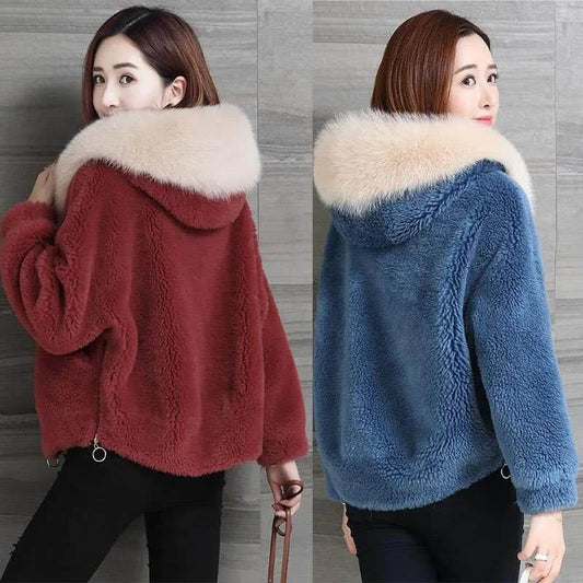 Fur Coat Women's Faux Sheep Shearing Hooded Women's Short Autumn and Winter Models of Fleece Fleece Coat