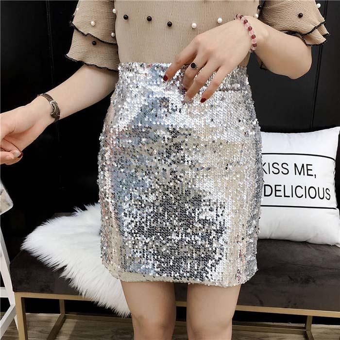 M-4XL  Women Anti-light Sequin Skirt High Waist Slim Thin Sexy Bundy Mini A-line Step Skirt