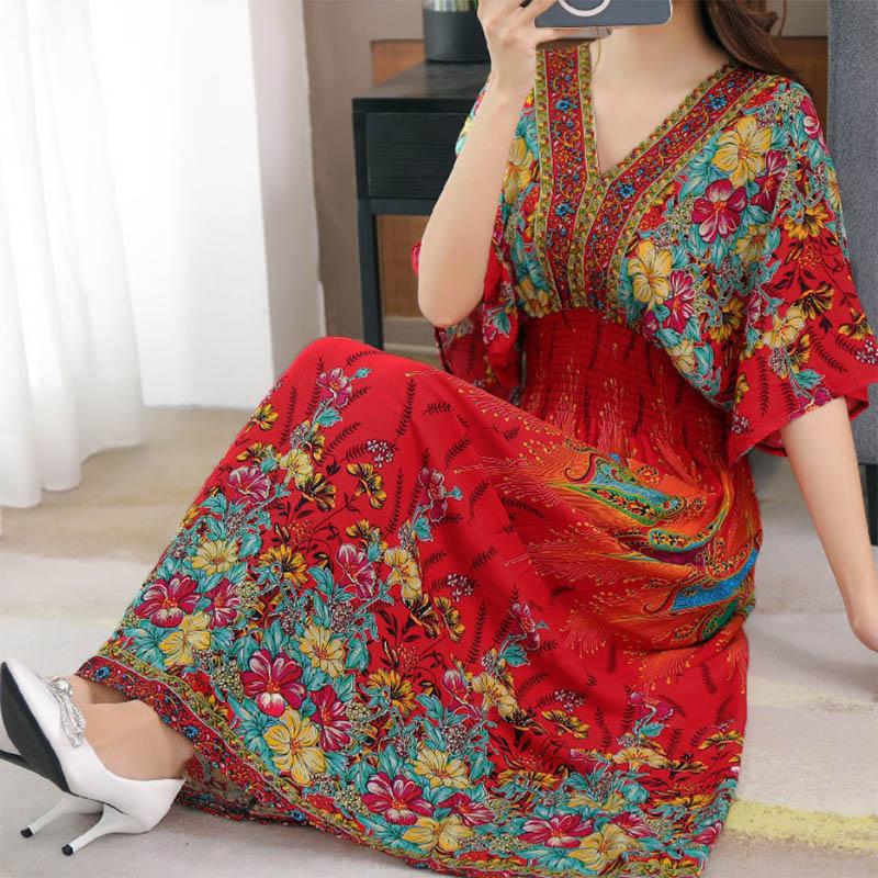 Cotton Silk Dress Mid Length Beach Dress Large Floral Bohemian Loose Casual Long Dress V-Neck