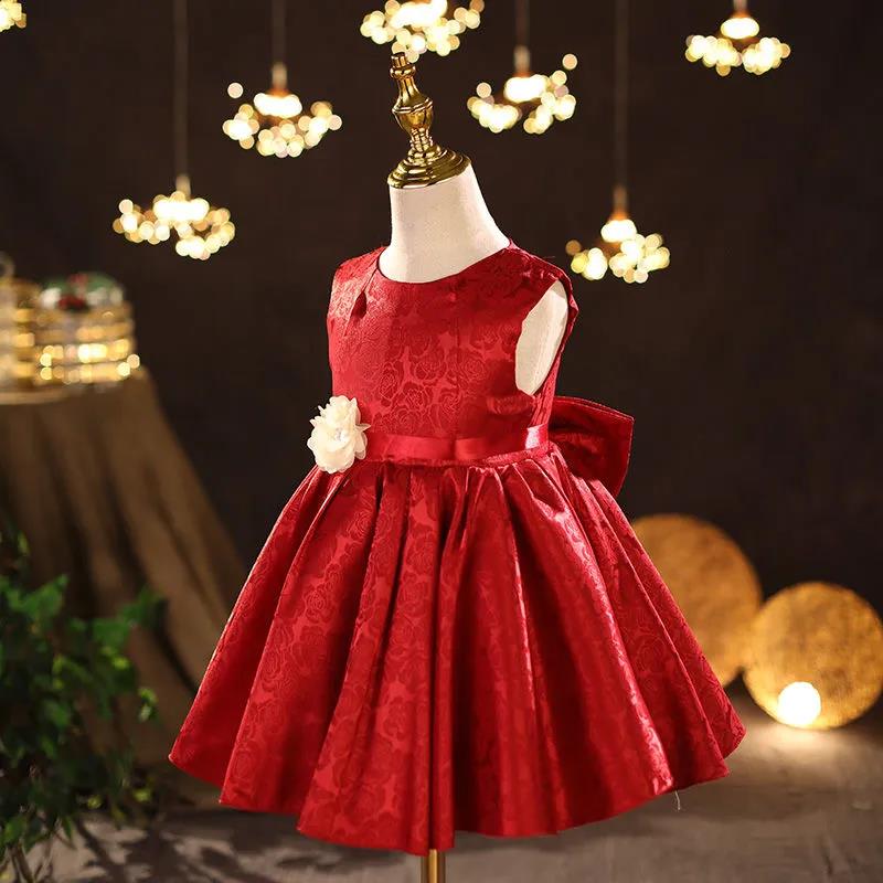 Red Children's Evening Dress Wedding Flower Girl Dress Princess Skirt Girl Baby Sweet Temperament Tutu Skirt Round Neck Sleeveless Waist