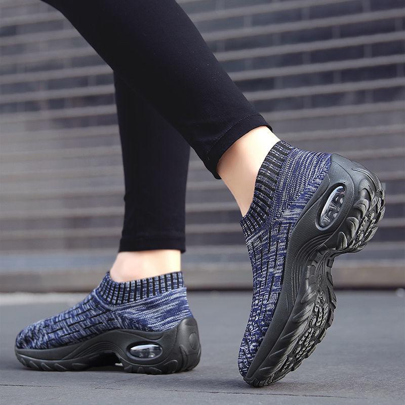 Women's Mid High-heeled Sneakers Casual Breathable Mesh Sports Shoes Running Flat Shoes Slip on Thick-soled Dance Shoes