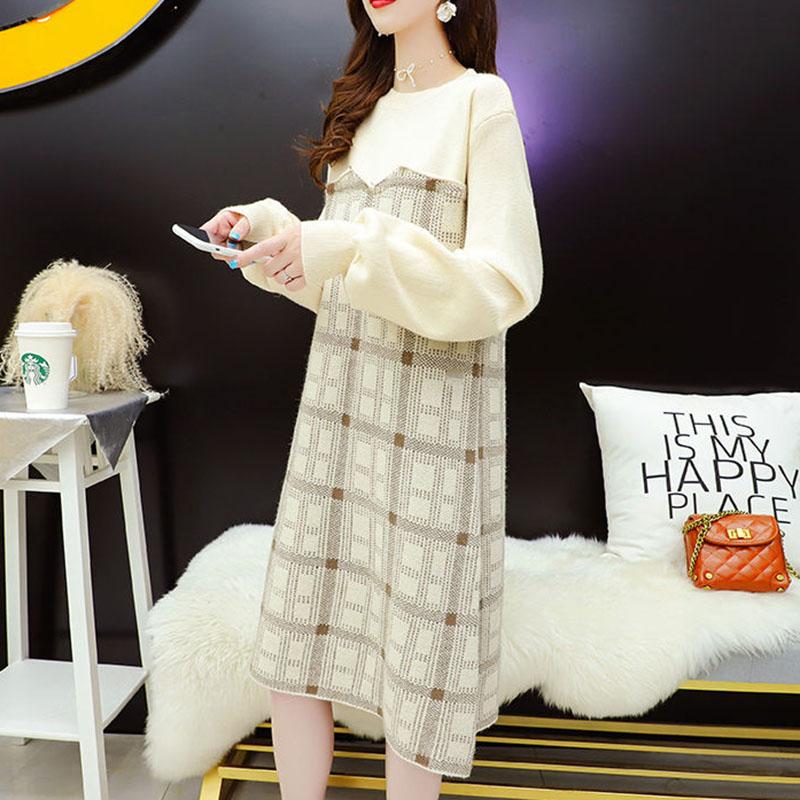 Spring and Autumn Dress French Niche Dress Fashion Knitted Loose Sweater Dress Casual Simple Women Sweater Dress
