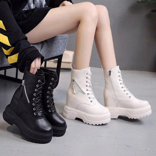 Woman Leather Ankle Boots  Platform Boots Women Wedge Shoes Autumn Winter  Round Toe Lace-up  Inside Raised Martin Boots Ladies Shoes