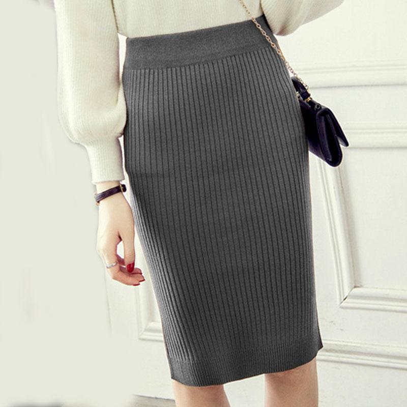 Autumn Winter Women Knitted Pencil Skirts Stretch High Waist Knee Length Slim Office Lady Bodycon