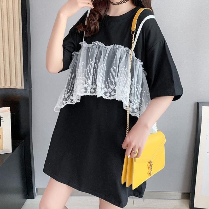 Lace Veil Women Dress Girl Loose O-Neck Loose Short Sleeve Casual Long T-shirt Dress