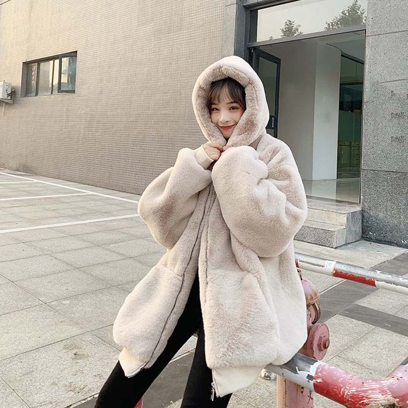 Autumn and Winter Imitation Rex Rabbit Fur Grass Loose Korean Fashion Mid-length Plush Coat Women Mid-length 2021 New Thick Hooded Jacket
