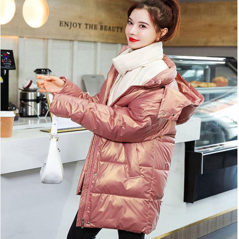 Down Cotton Jacket Winter Thicken Warm Loose Fashion Color Glossy Disposable Stand Collar Mid-length Cotton Jacket Women