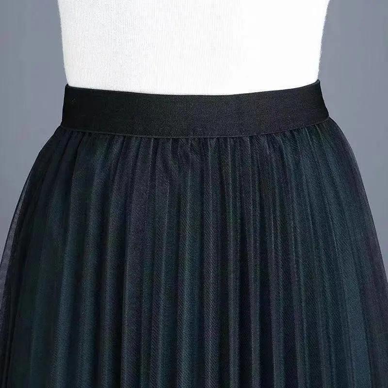 Double Side Wearable Lace Pleated Skirt Women's Large Size High Waist Mid-length Slim Mesh Skirt A-line Pleated Lace Long Skirt