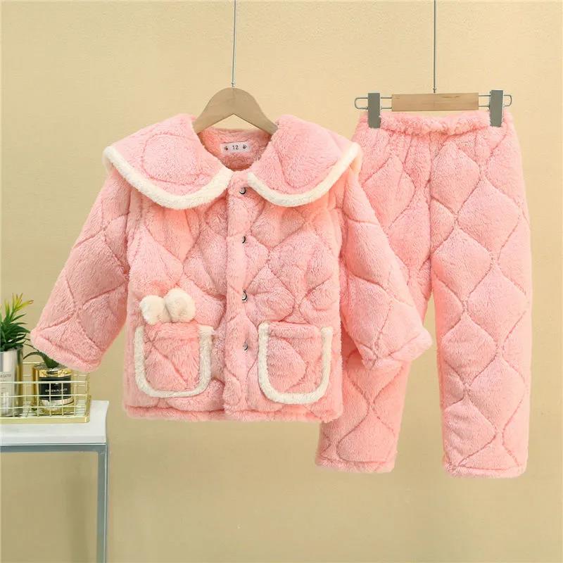 Children's Thickened Pajamas Girls Three-layer Quilted Flannel Soft-touch Home Service Suits Baby Girl Plus Velvet To Keep Warm