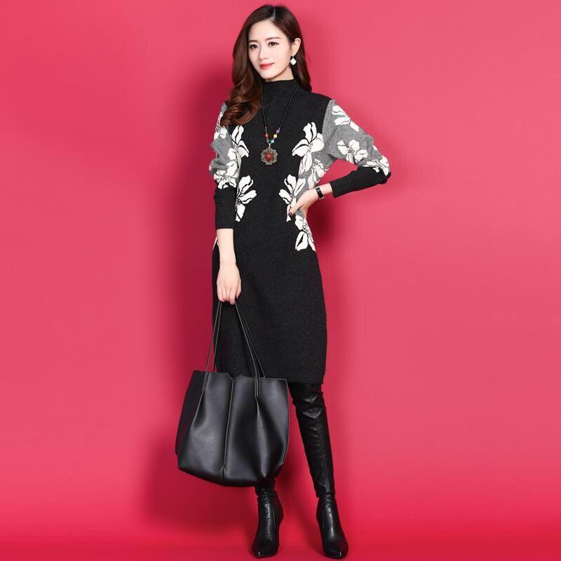 Pofulove fashion women's printed turtleneck plus velvet thick long-sleeved loose dress Plus size