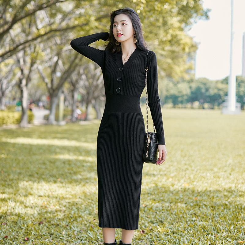 Autumn and Winter Fashion Padded V-neck Ladies Dress Mid-length Over-the-knee Bag Hip Skirt Bottoming Knit Sweater Skirt