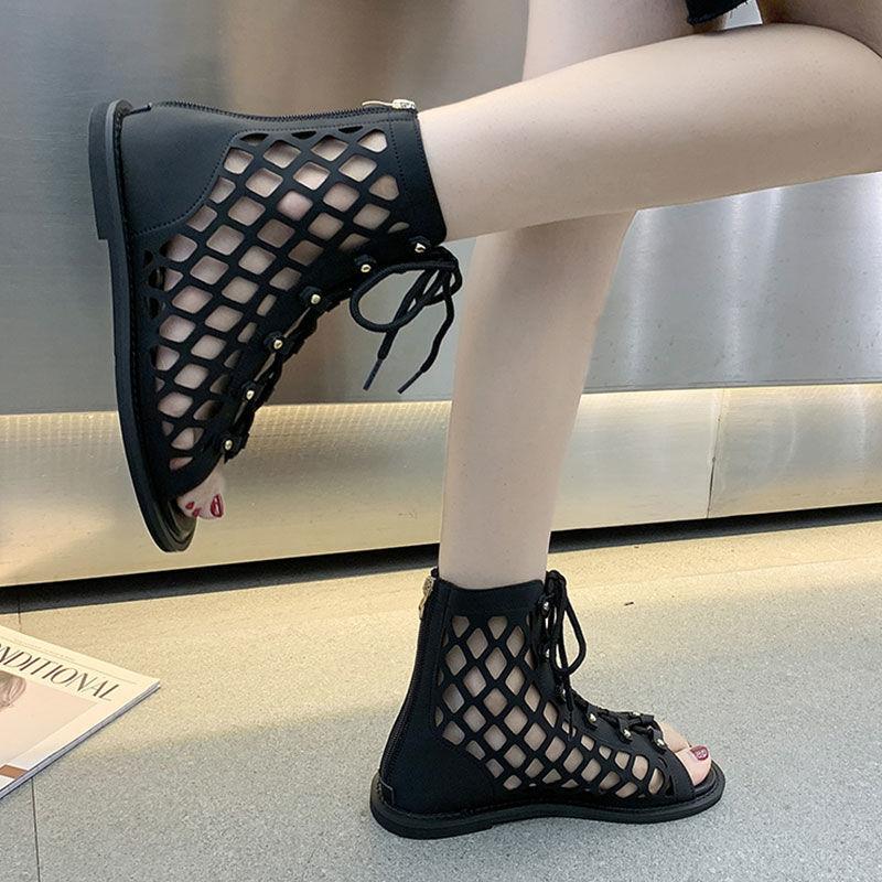 Bohemian Style Sandals Summer Cross Straps Hollowed Out Retro Vacation Roman Flat Sandals Women