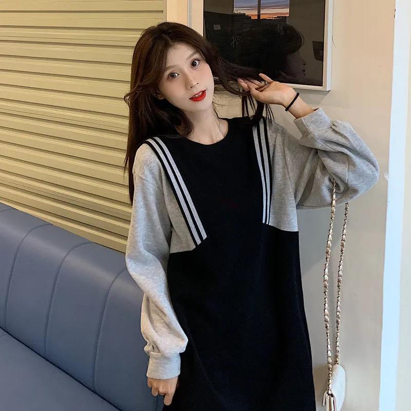L-XXXXL Above Knee Sweater Dress Women Spring and Autumn Plus Size Long Sleeve Loose Dress