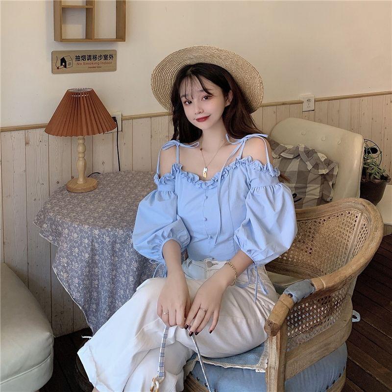 Women - on Shoulder Shoulders Short Solid Color Strap Waist Summer New Korean Design Sense