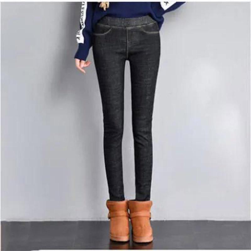 Black Inner Velvet Elastic Waist Jeans Women Plus Velvet Thickened High Waist Korean Student Thin Feet Pencil Winter Women's Pants