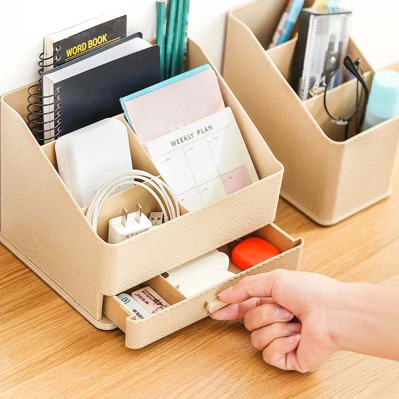 Multifunctional Desk Top Pen Holder with Imitation Leather Texture Creative Storage Appliance with Drawer