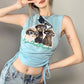 Summer Ladies Vest Fashion Retro Love Puppy Magic Mirror Print Short Side Drawstring Thin Round Neck Vest Sweet and Spicy Top