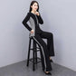 Black Spring and Autumn Suit Fitting Temperament Wide Leg Pants Casual Two-piece Round Neck Long Sleeve Shirt + Loose Wide Leg Pants
