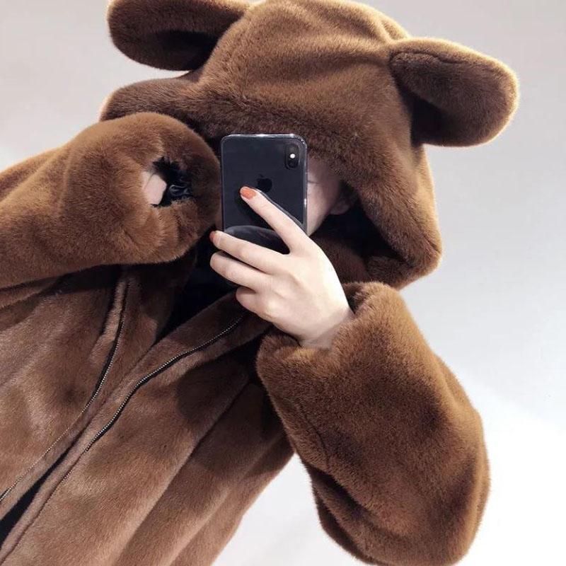 Faux Fur Coat Winter Ladies Cute Bear Ears Plush Thick Warm Hooded Mid-length Fur Coat