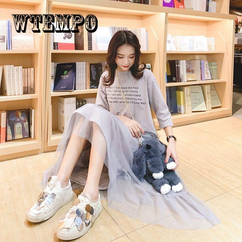 Casual Dress Summer Women Clothes 2019 Print Short Sleeve Cotton T shirt Patchwork Mesh Dresses