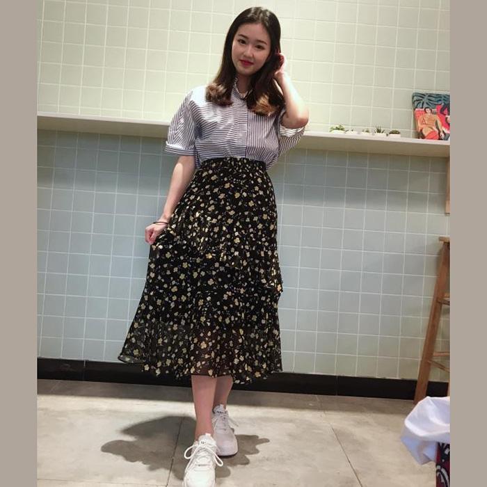 Floral Skirt High Waist  Irregular Ruffle Chiffon Midi Skirt Elastic Waist Mid-length Large Hem Skirt A-line Skirt