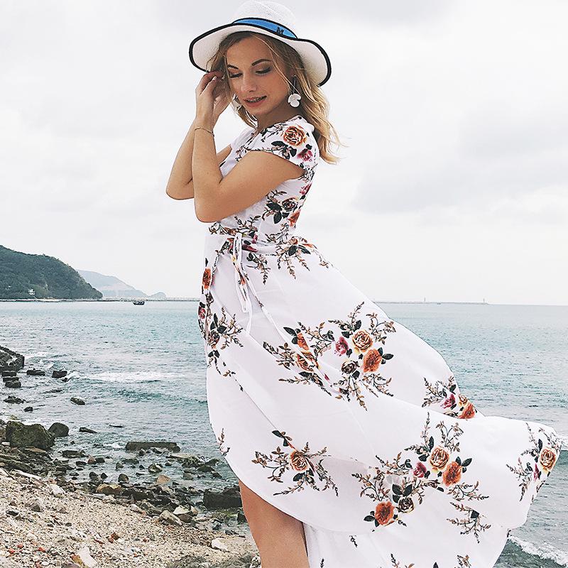 Women Sexy V-neck Printed Chiffon Sexy Split Beach Beach Holiday Casual Dress