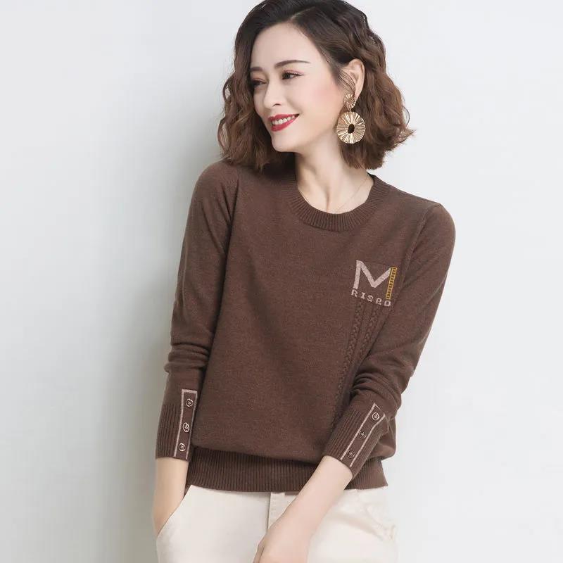 Women's Basic Solid Color Crewneck Sweater Fashion Button Cuff Loose Plus Size Sweater