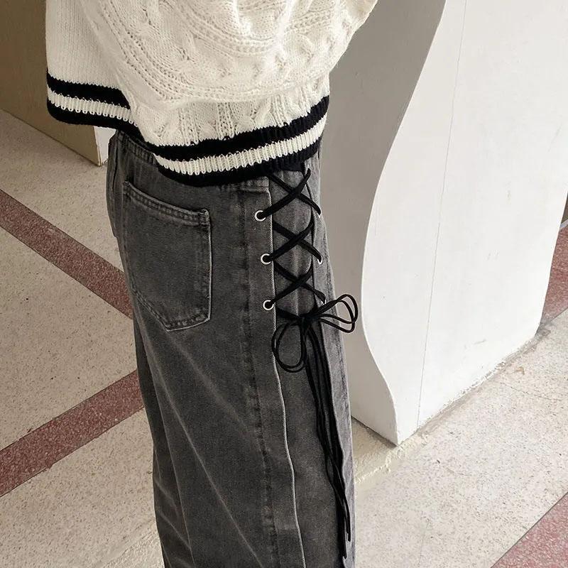 Women's Jeans Loose Wide Legs Straight Smoke Grey Pants High Waist Thin Strap Personality Jeans Punk Style Trousers