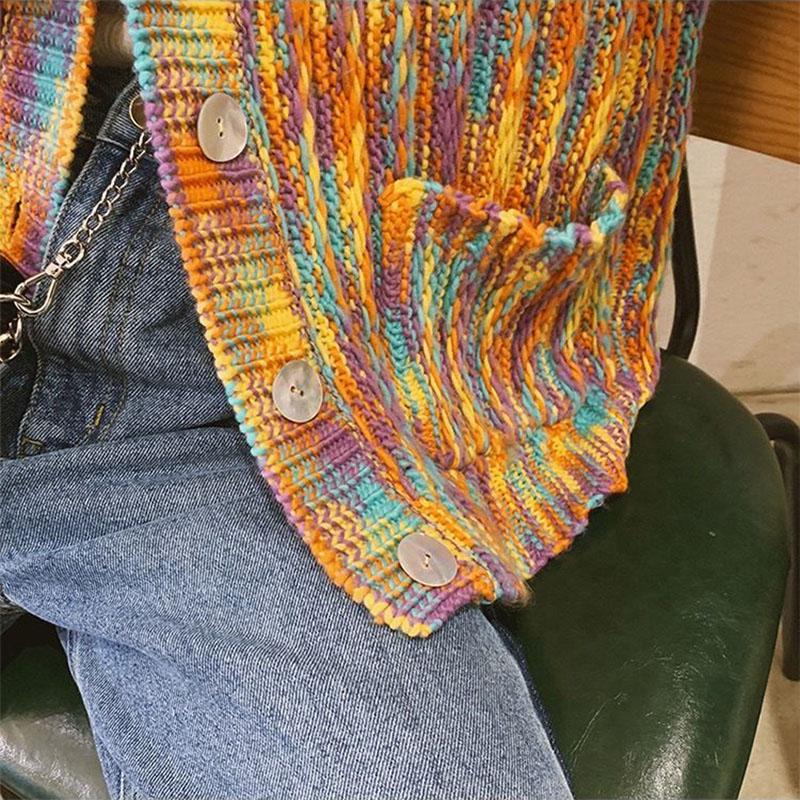 Spring and Autumn Rainbow Color Sweater Cardigan European and American Style Top Loose Casual Knitted Young Women's Jacket