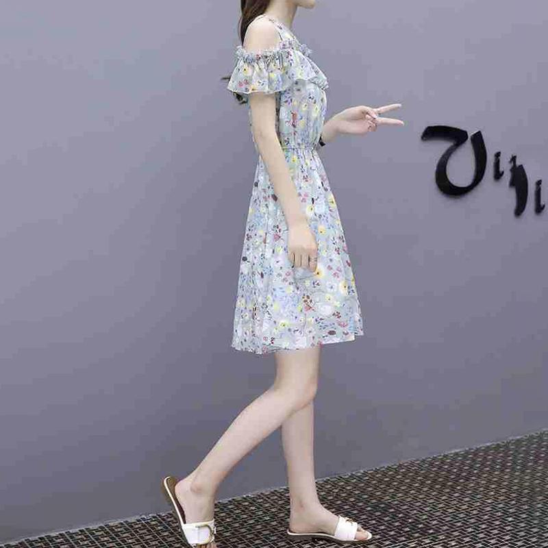 Chiffon Dress Women's Waist Slimming Strapless Skirt One-shoulder Floral Skirt A-line Dress Floral Short Skirt Fabric Lightweight and Breathable