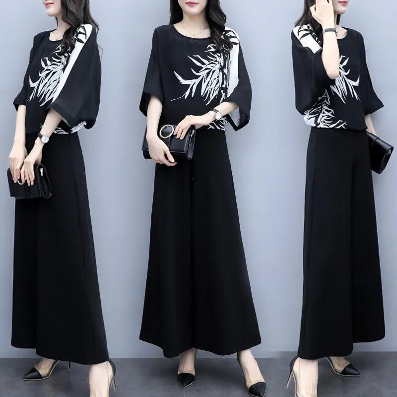 Women's Black Two-piece Wide-leg Trousers Printed Belly Slimming Shirt Casual Suit Women's Plus Size Temperament Casual Loose Suit